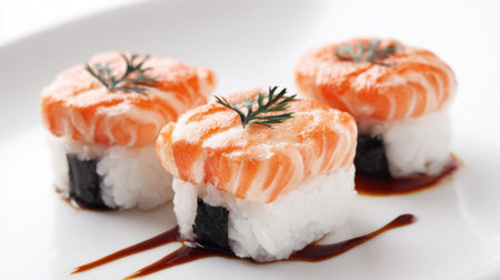 Three salmon sushi pieces are carefully arranged on a white plate, each topped with fresh dill. A drizzle of soy sauce enhances their appeal, creating a delightful culinary experience.の素材