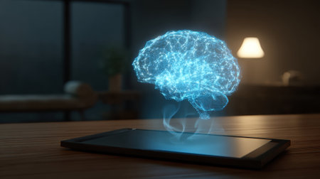 A glowing holographic brain hovers above a tablet on a wooden table in a cozy living room. Soft light from a lamp creates a warm atmosphere in the space.の素材