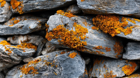 A close-up of gray rocks adorned with bright orange lichen, showing the intricate textures and colors found in nature.の素材