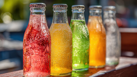 Brightly colored soda bottles sit on a wooden surface in an outdoor market. Each bottle displays different vibrant flavors, sparkling in the sunlight.の素材