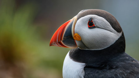 Brightly colored puffin stands in its habitat, showing its unique orange beak and curious expression against a blurred green background. Nature shines in the backdrop.の素材