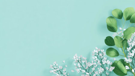 Leaves in different shades of green and small white flowers create a beautiful arrangement on a soft blue background. This scene captures the essence of nature's tranquility and freshness.の素材