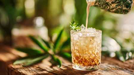 A bartender pours a creamy cocktail over ice into a decorative glass surrounded by lush green plants. The scene captures a warm, sunny atmosphere perfect for relaxation.の素材