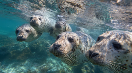 Five seals are swimming closely in the clear blue ocean, showcasing their playful nature. Sunlight reflects on the surface, highlighting their spotted fur and whiskers.の素材