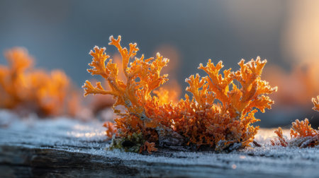 Bright orange lichen covers a weathered wooden surface, glistening in the soft light of early morning. Frost adds a delicate touch to this peaceful natural scene.の素材