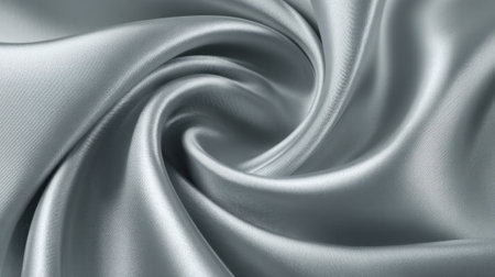 A close-up view of soft silver satin fabric swirling elegantly. The smooth texture and shine create a luxurious feel, perfect for fashion and home decor.の素材