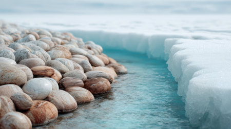 Smooth stones line the shoreline, while melting ice floats in clear blue water. The tranquil scene captures nature's beauty in a frosty environment.の素材