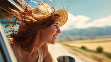 A woman leans out of a car window, smiling brightly as her hair flows in the wind. It is a clear, sunny day with a backdrop of mountains and fields, creating a perfect road trip moment.の素材