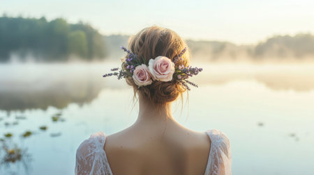 A woman stands by a tranquil lake at sunrise, adorned with delicate roses and lavender in her hair. The mist rises from the water, creating a magical atmosphere.の素材