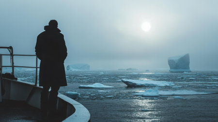 A person stands on the edge of a boat, staring thoughtfully at the sun setting over the icy waters. Icebergs drift nearby under a hazy sky, creating a serene atmosphere at dusk.の素材