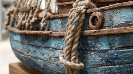 An old wooden boat, weathered and blue, features frayed ropes and rustic texture. It is showcased in a local museum dedicated to maritime history, inviting curiosity and admiration.の素材