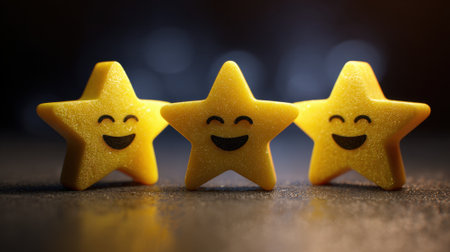Three charming yellow star figurines stand together on a dark surface, each with a smiling face, radiating a sense of joy and friendliness in a cozy and inviting setting.の素材
