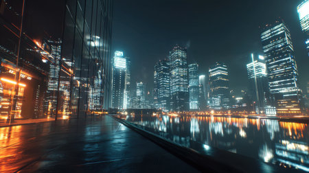 The city skyline features towering skyscrapers illuminated by colorful lights at night. Their reflections shimmer on the water, creating a captivating urban landscape.の素材