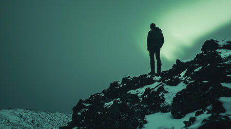 A person stands on a rocky outcrop, gazing at the night sky, where green hues from the aurora borealis create a stunning display above a snowy landscape.の素材