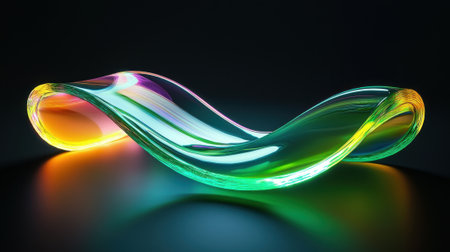 A vibrant glass sculpture featuring smooth curves and flowing shapes glows with multicolored light, set against a contrasting dark surface to highlight its beauty.の素材