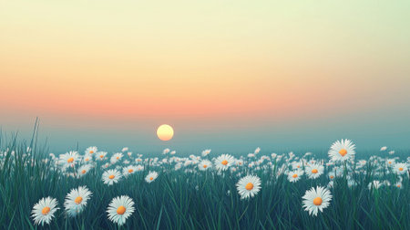 A field of white daisies rests beneath a colorful sunset, blending shades of orange and blue. The sun sets softly on the horizon, creating a tranquil atmosphere.の素材