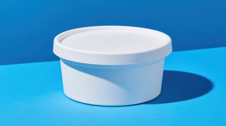 A white round container with a lid sits on a vivid blue surface, creating a striking contrast. The design highlights simplicity and functionality in a modern studio environment.の素材