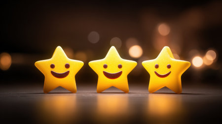 Three bright yellow stars with smiling faces sit closely together, illuminated by gentle light. Their warm glow adds a joyful touch to the scene, inviting happiness and comfort.の素材