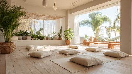 Soft sunlight streams into a tranquil indoor area where lush plants and comfortable cushions invite relaxation. This peaceful space promotes calm and mindfulness.の素材