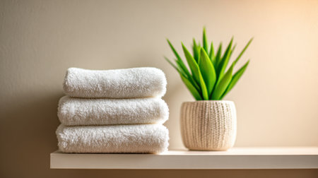 Soft white towels are neatly arranged on a light wooden shelf beside a small green plant in a pot. This setting creates a calming atmosphere often found in a spa or bathroom.の素材