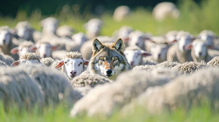 A lone wolf navigates carefully among a dense flock of sheep in a vibrant green field under clear blue skies. The contrast highlights the wolf's alert gaze and the sheep's calm demeanor.の素材