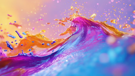 Bright splashes of water in various colors dance in the air against a stunning sunset backdrop. The scene captures the energy of the ocean under a colorful sky.の素材