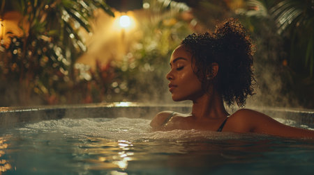 A woman enjoys a peaceful moment soaking in a warm hot tub surrounded by lush greenery. The gentle steam rises as soft lights illuminate the tropical setting.の素材