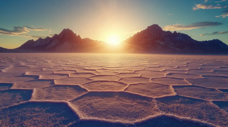 Salt flats stretch across the scene, showcasing unique hexagonal patterns beneath a vibrant sunrise illuminating the distant mountains. The tranquil atmosphere evokes serenity.の素材
