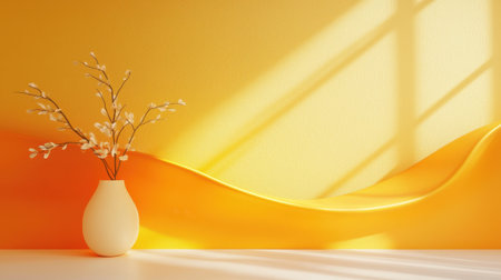 A white vase holding delicate branches is positioned on a tabletop. The yellow backdrop features soft curves that create a warm, inviting atmosphere enhanced by sunlight.の素材