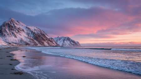 A stunning sunset casts pink and purple hues over a beach bordered by snow-covered mountains. Gentle waves lap at the shore, creating a serene winter scene at dusk.の素材