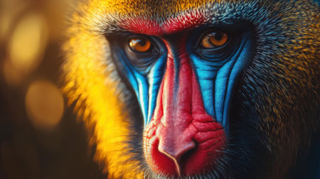 A baboon displays its colorful face, with vivid blue and red markings, surrounded by a soft warm light that enhances its captivating features and natural habitat.の素材