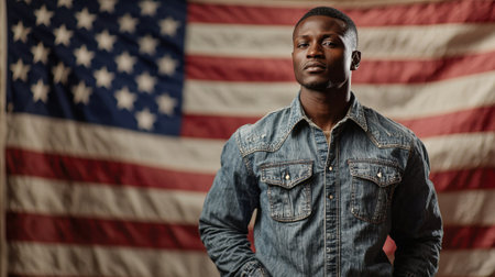 A confident man stands in a denim shirt in front of a large American flag. His posture and expression reflect pride and strength, embodying personal and national identity.の素材