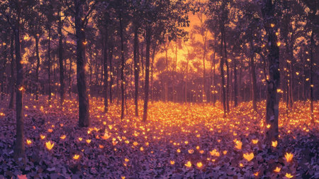 A serene forest transforms at twilight, filled with glowing flowers that illuminate the surroundings. The soft light blends beautifully with the vibrant hues of dusk.の素材