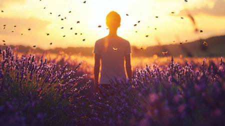 Golden sunlight bathes a lavender field as a person stands among vibrant flowers. Bees buzz around, creating a lively summer atmosphere during dusk.の素材