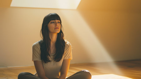 A young woman sits cross-legged on wooden flooring, her gaze directed upward as soft sunlight streams in through a skylight. The calm atmosphere enhances her thoughtful expression.の素材