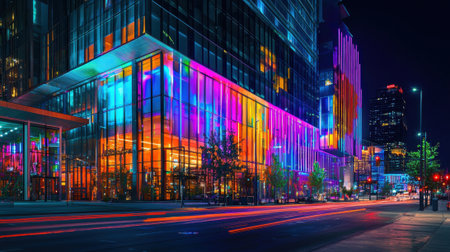 Bright, colorful lights reflect off the sleek glass facade of a contemporary building, enhancing the lively atmosphere of the urban environment during the evening.の素材