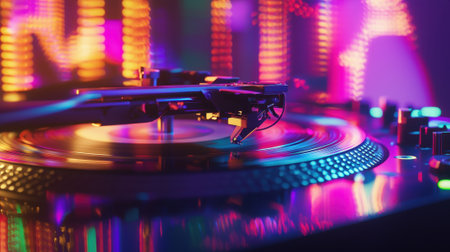 A turntable sits center stage surrounded by colorful glowing lights, setting a vibrant mood for an energetic music session at night.の素材
