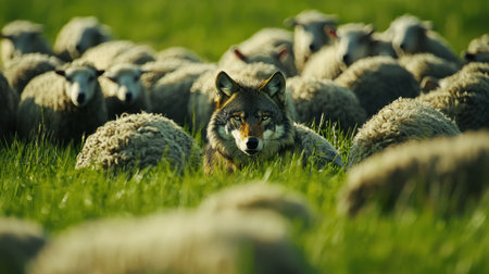 A wolf is strategically positioned among a flock of sheep in a vibrant green field. The wolf's keen gaze is focused on the sheep, highlighting the predator-prey dynamic in nature.の素材