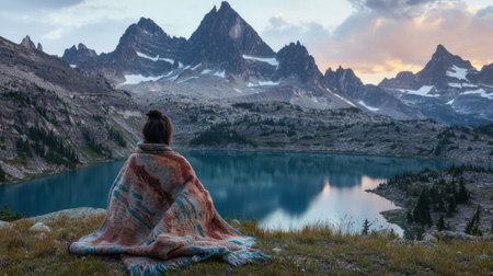 A person wrapped in a blanket sits on the grass by a tranquil lake, surrounded by majestic mountains during sunset. The calm water reflects the beautiful landscape.の素材