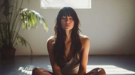 A woman with long hair sits cross-legged in a serene space, eyes closed in meditation. Sunlight filters through the window, creating a calm atmosphere.の素材
