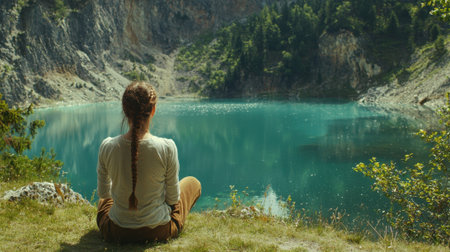 A person sits quietly on the grass, gazing at a turquoise lake surrounded by rugged mountains and lush greenery in tranquil afternoon light.の素材