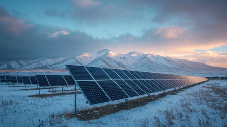 Rows of solar panels stand positioned in a snowy landscape, reflecting the soft light of twilight. Majestic mountains rise in the background, creating a serene and impactful view.の素材