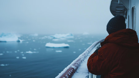 A person wearing a warm jacket stands on a ship deck, gazing at a serene icy ocean filled with floating icebergs. The cold, foggy atmosphere envelops the scene.の素材