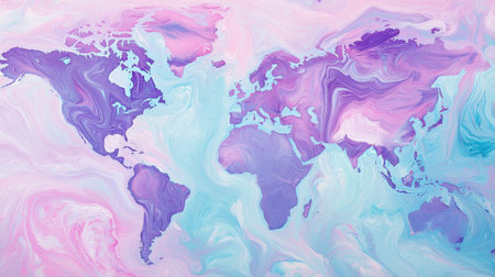 A unique depiction of a world map featuring smooth, swirling patterns in shades of purple and blue on a soft pastel backdrop. The artwork combines creativity with geographical representation.の素材