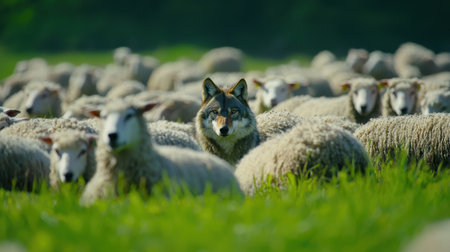 A wolf moves steadily among a large group of sheep in a lush green field. The sun sets in the background, casting a warm glow on the scene, highlighting the contrast between the predator and its prey.の素材