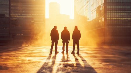 Three figures face an orange sunset in an urban setting. Their shadows stretch across the ground, highlighting the tranquil moment amidst the city's hustle.の素材
