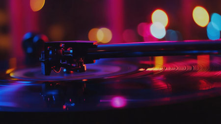 A vinyl record spins on a turntable surrounded by vibrant, colorful lights. The atmosphere is lively, capturing the essence of a night filled with music and energy.の素材