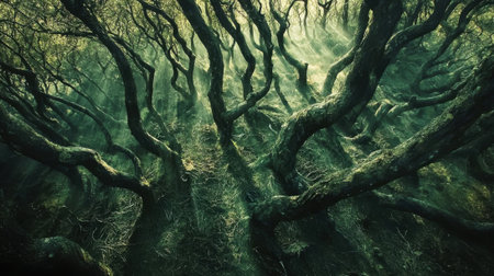 Twisted trees create an enchanting atmosphere in a dense forest. Dappled sunlight filters through the branches, casting shadows on the forest floor.の素材