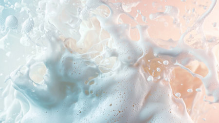 Water droplets and foam burst in energetic splashes, forming intricate shapes against a gentle pastel gradient. The movement emphasizes fluidity and beauty in nature.の素材