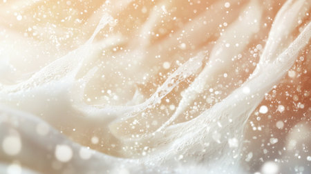 Delicate water droplets disperse and shimmer in a dreamy swirl of soft pastel hues. The ethereal display captures the essence of movement and fluidity in bright light.の素材